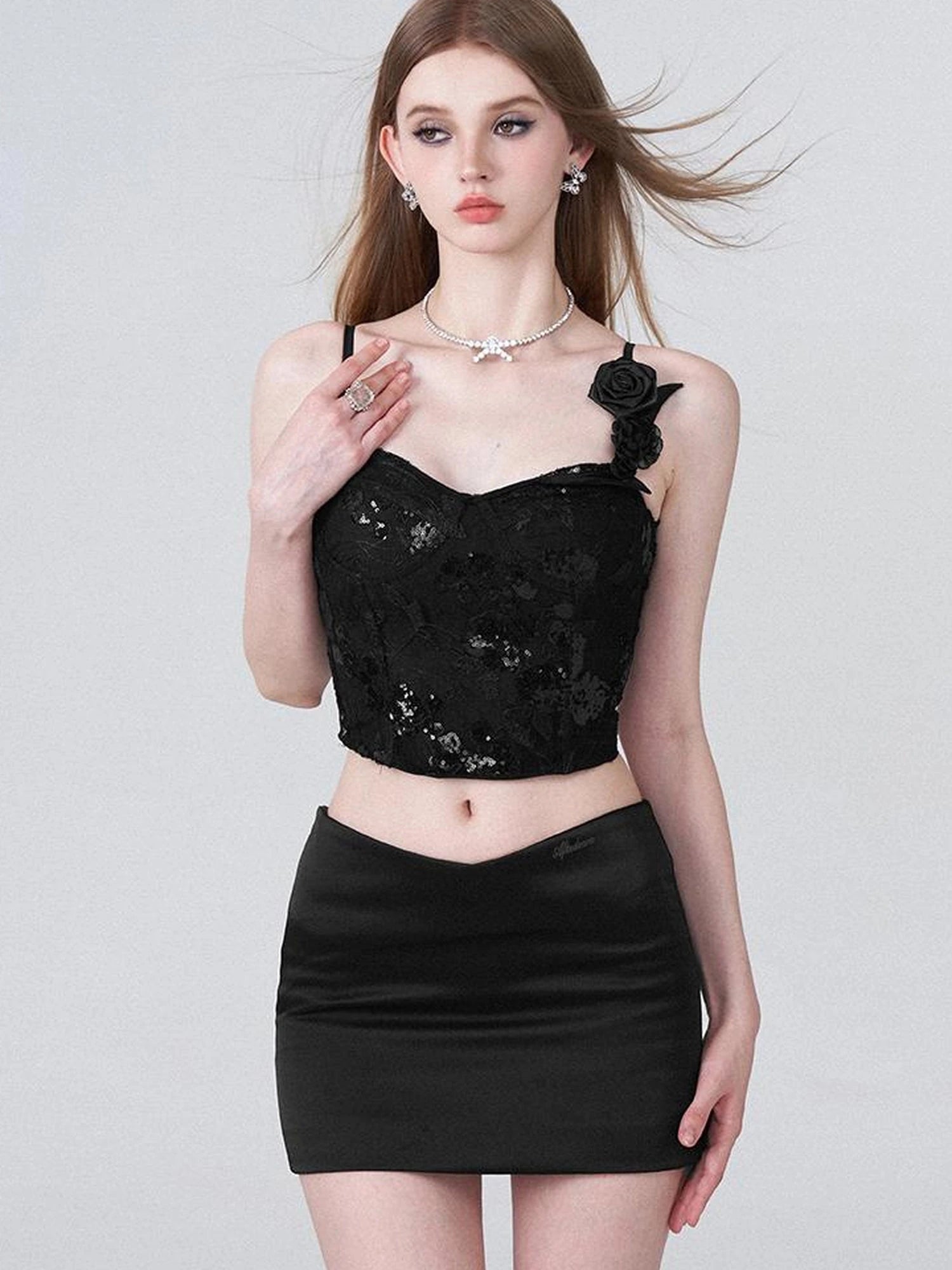 Black Lace Sequin Camisole With 3D Roses And V Waist Skirt Set