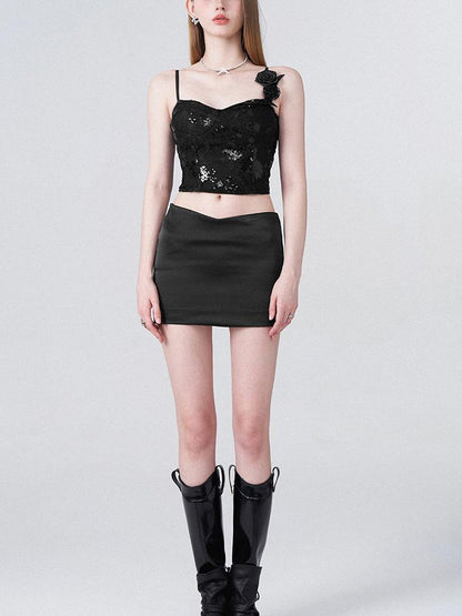 AFTADAWN Black Lace Sequin Camisole With 3D Roses And V Waist Skirt Set