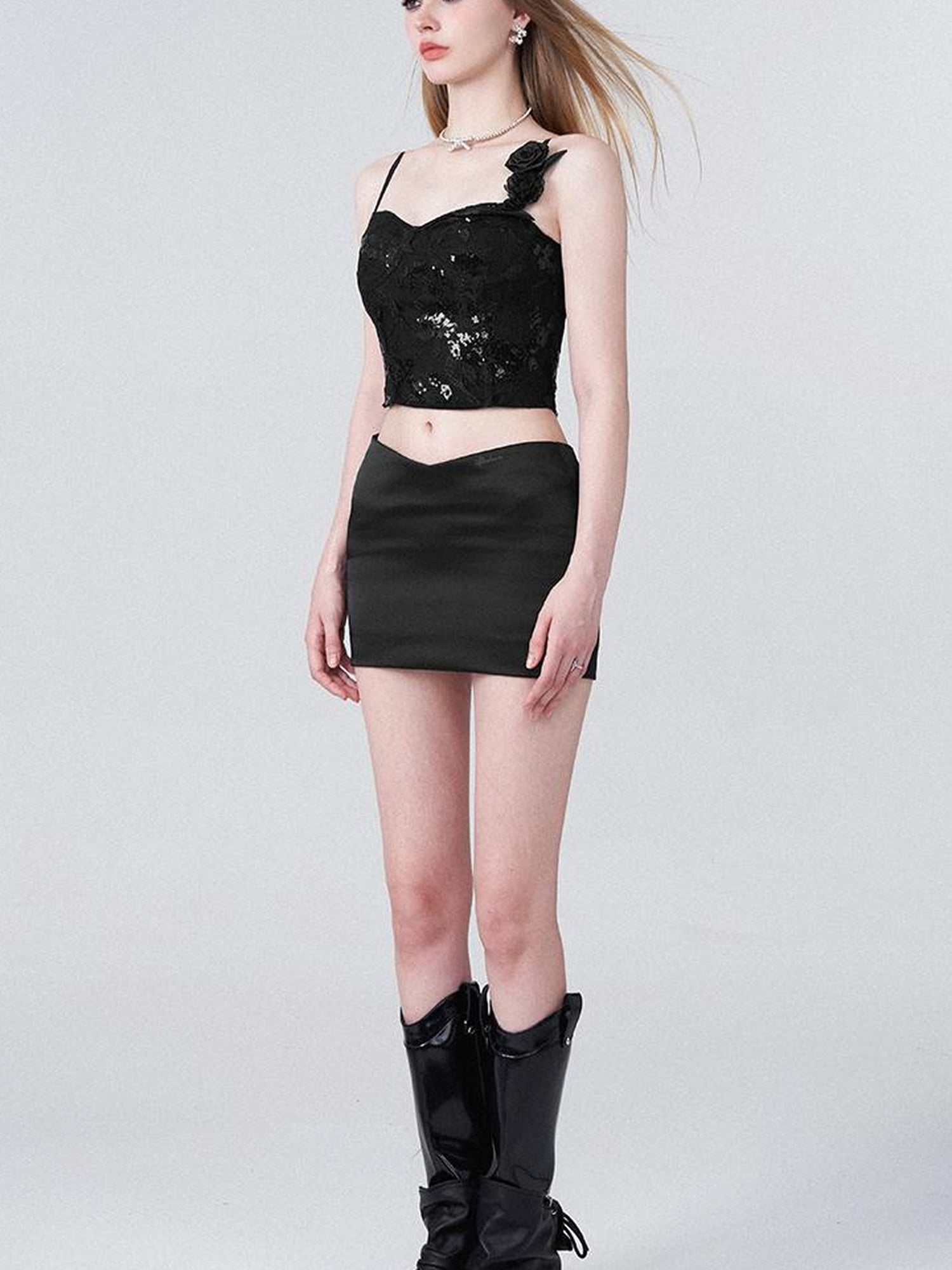 AFTADAWN Black Lace Sequin Camisole With 3D Roses And V Waist Skirt Set