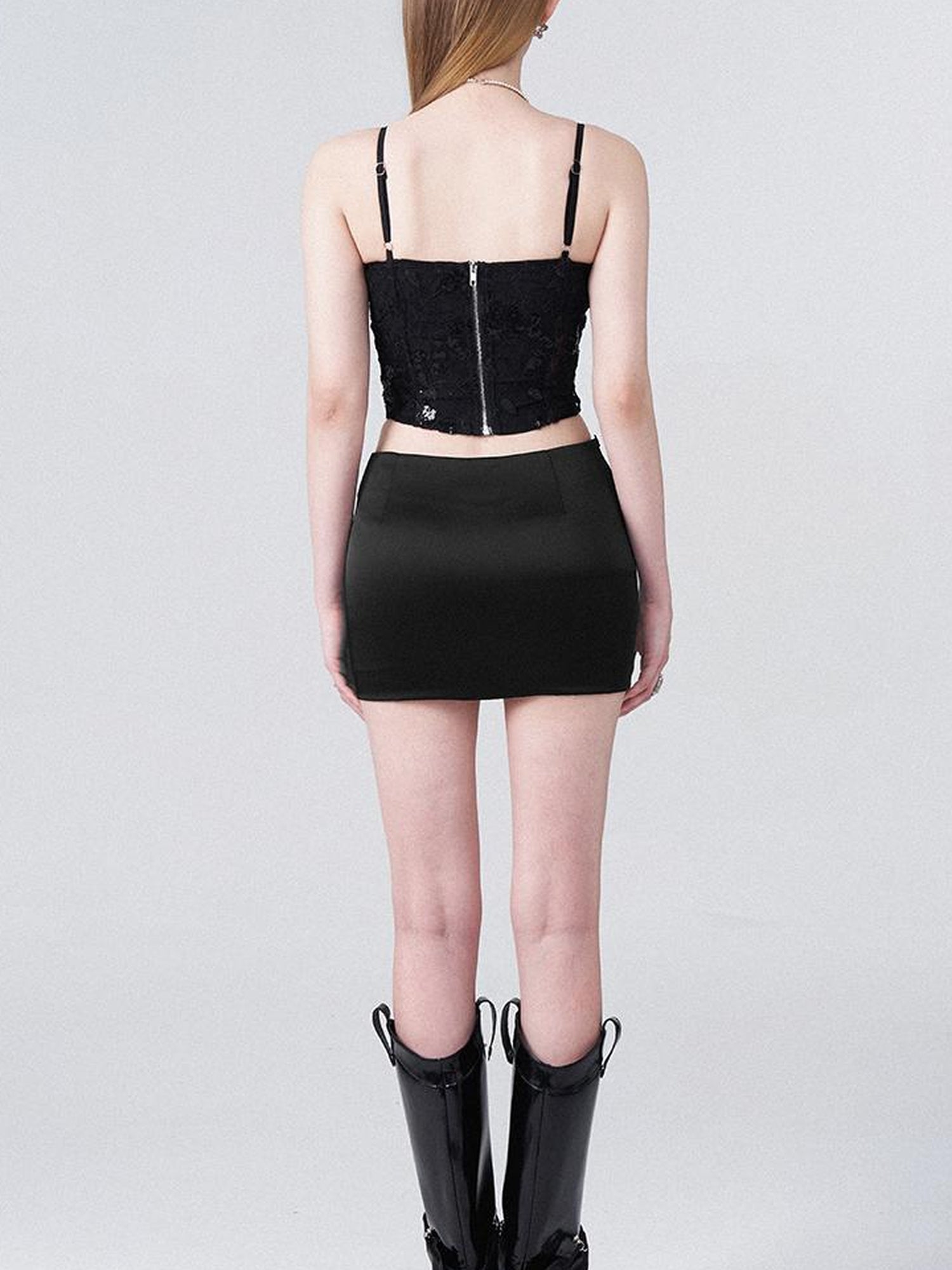 AFTADAWN Black Lace Sequin Camisole With 3D Roses And V Waist Skirt Set