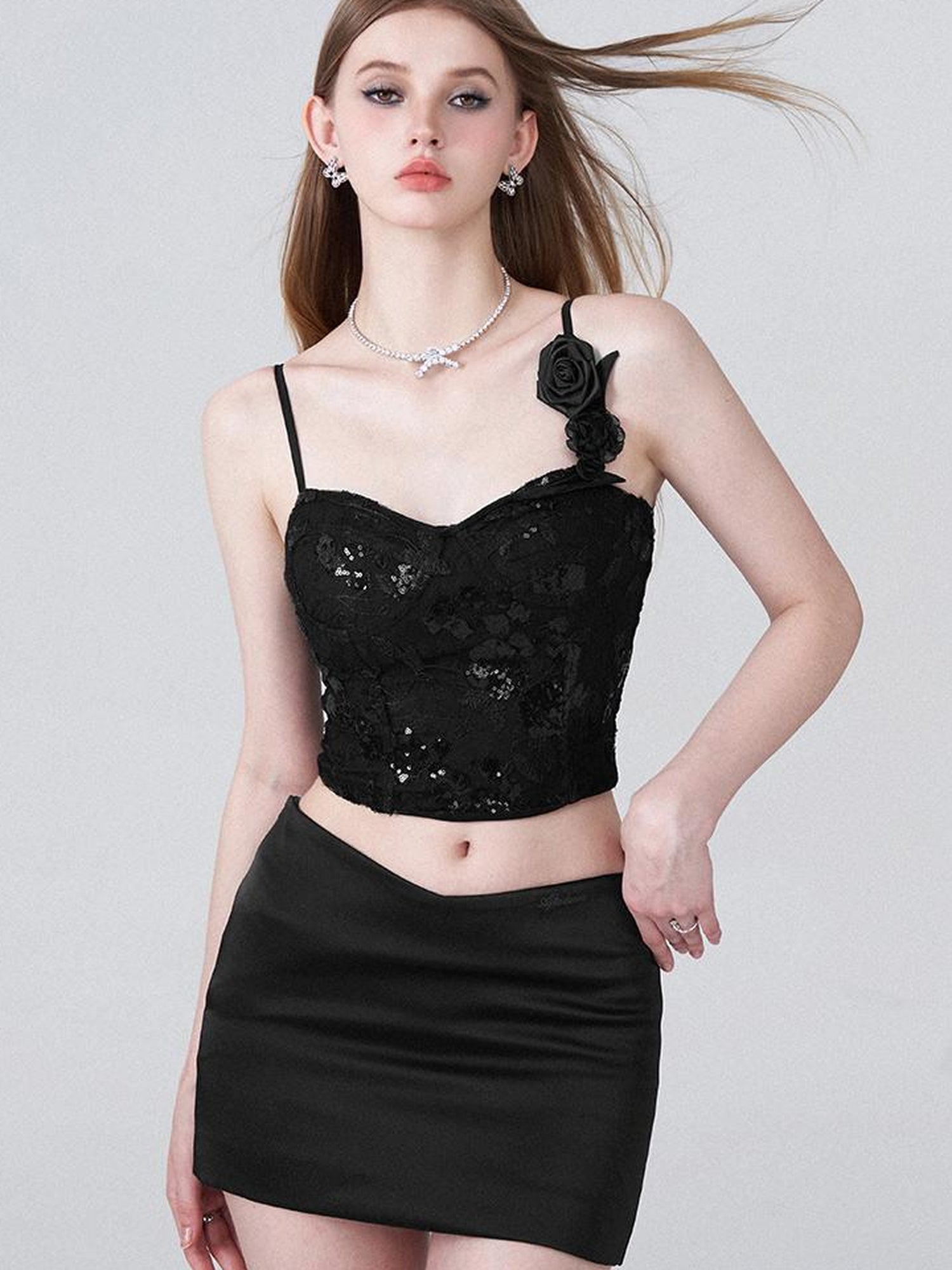 AFTADAWN Black Lace Sequin Camisole With 3D Roses And V Waist Skirt Set