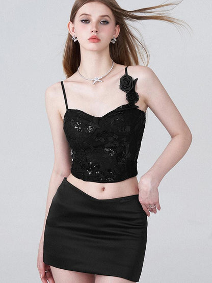 AFTADAWN Black Lace Sequin Camisole With 3D Roses And V Waist Skirt Set