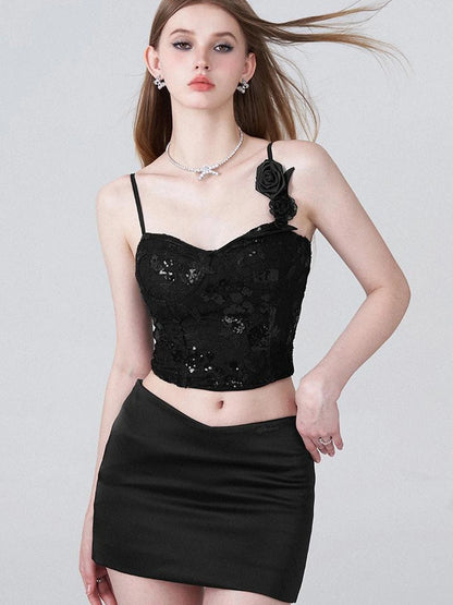 Black Lace Sequin Camisole With 3D Roses And V Waist Skirt Set