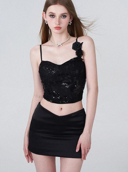 AFTADAWN Black Lace Sequin Camisole With 3D Roses And V Waist Skirt Set