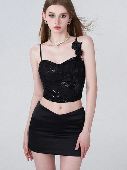 Black Lace Sequin Camisole With 3D Roses And V Waist Skirt Set