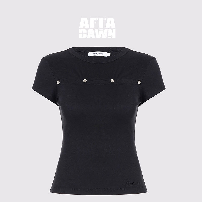 AFTADAWN_Black_Metal_Button_Cutout_Spliced_Round_Neck_Women&
