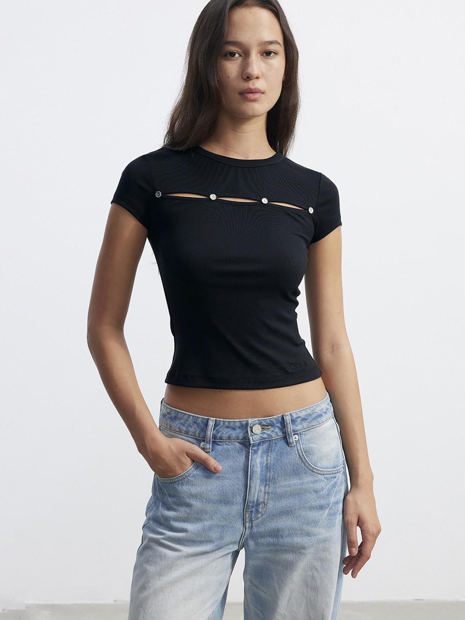 AFTADAWN Black Metal Button Cutout Spliced Round Neck Women&