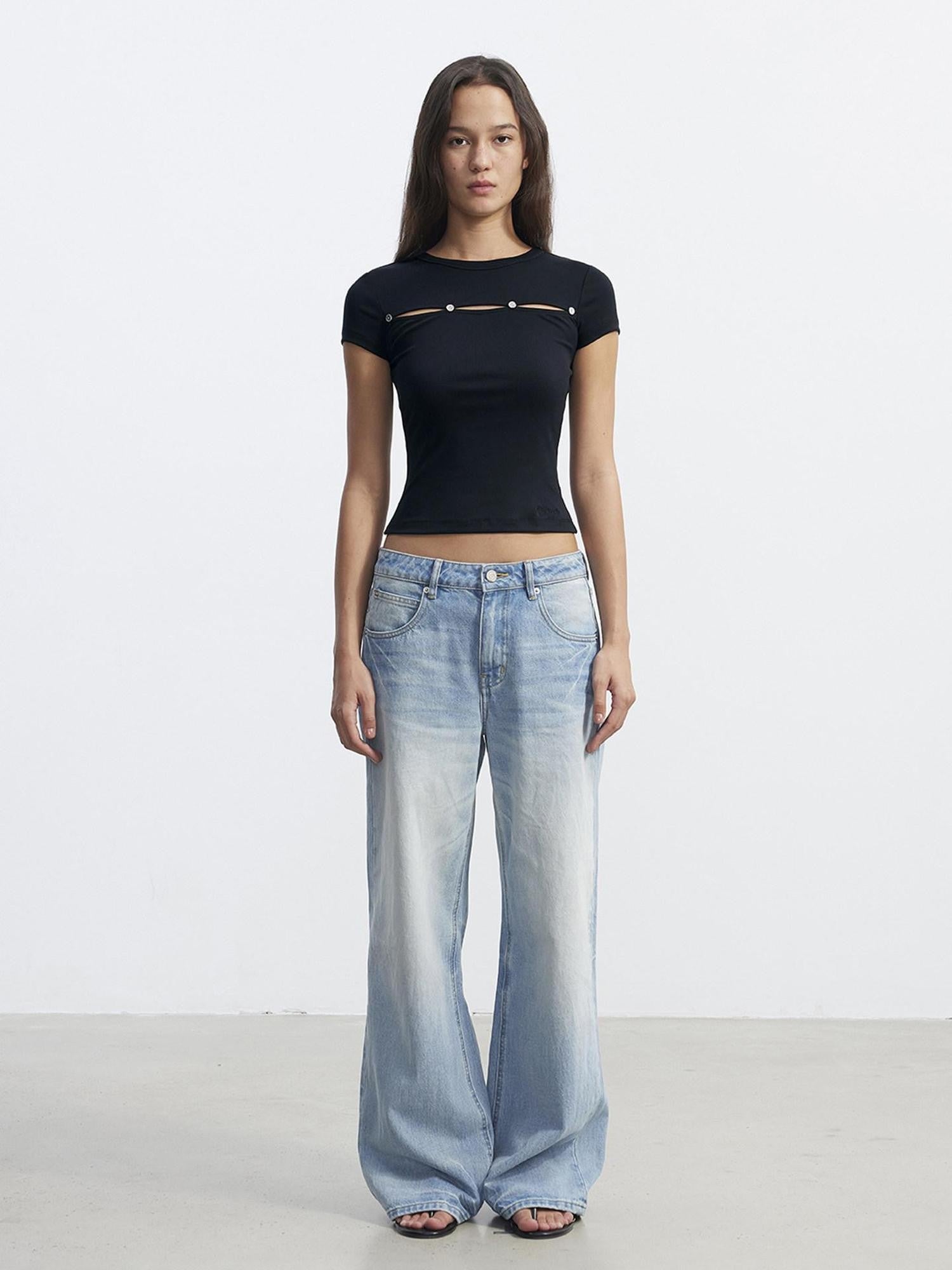 AFTADAWN Black Metal Button Cutout Spliced Round Neck Women&