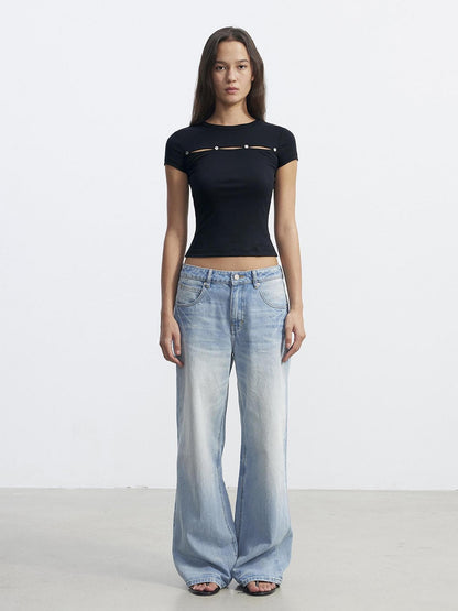 AFTADAWN Black Metal Button Cutout Spliced Round Neck Women&
