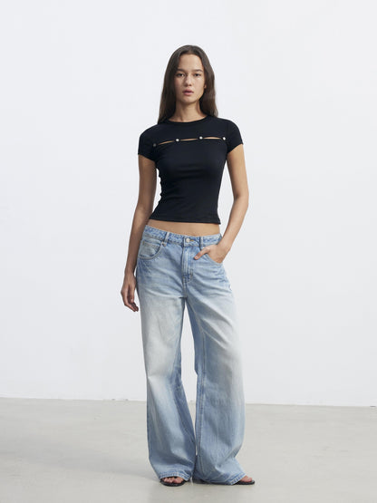 AFTADAWN Black Metal Button Cutout Spliced Round Neck Women&