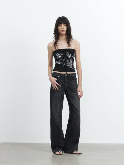 AFTADAWN Black Ribbed Spliced Lace Up Floral Print Slim Fit Women&