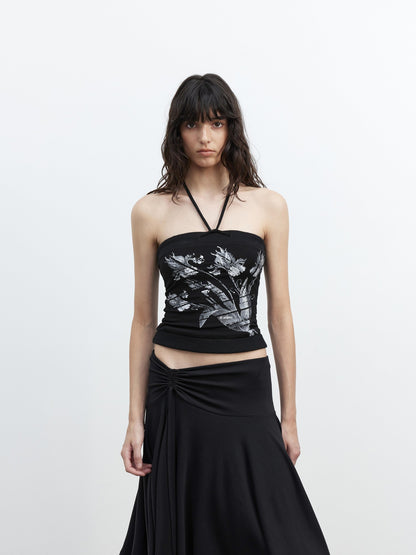 AFTADAWN Black Ribbed Spliced Lace Up Floral Print Slim Fit Women&