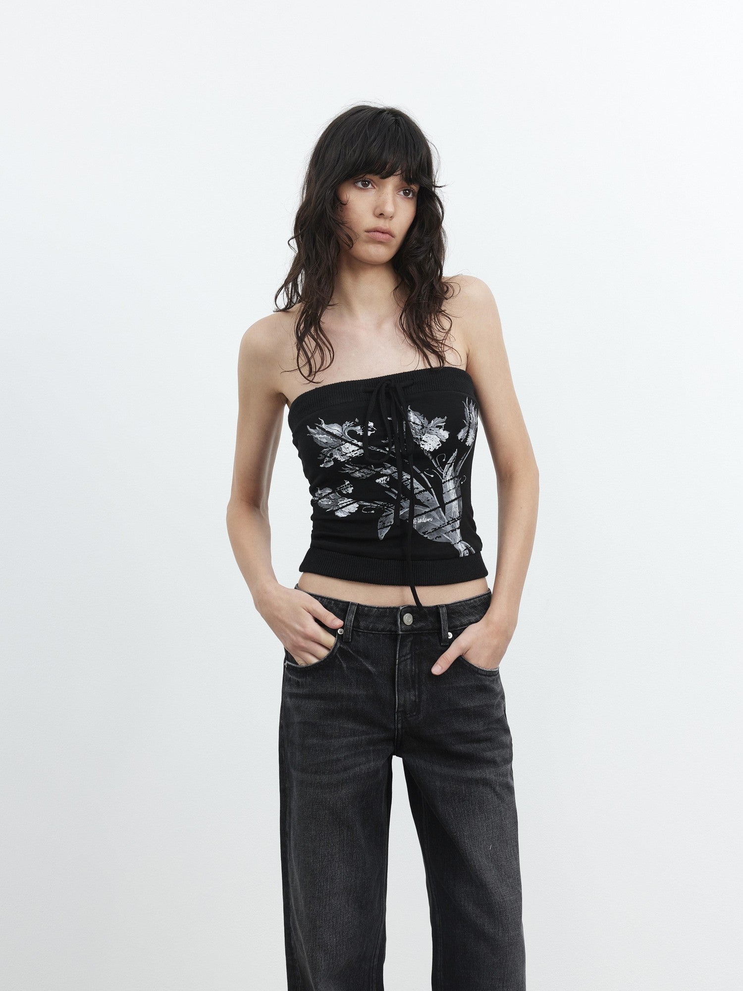 AFTADAWN Black Ribbed Spliced Lace Up Floral Print Slim Fit Women&