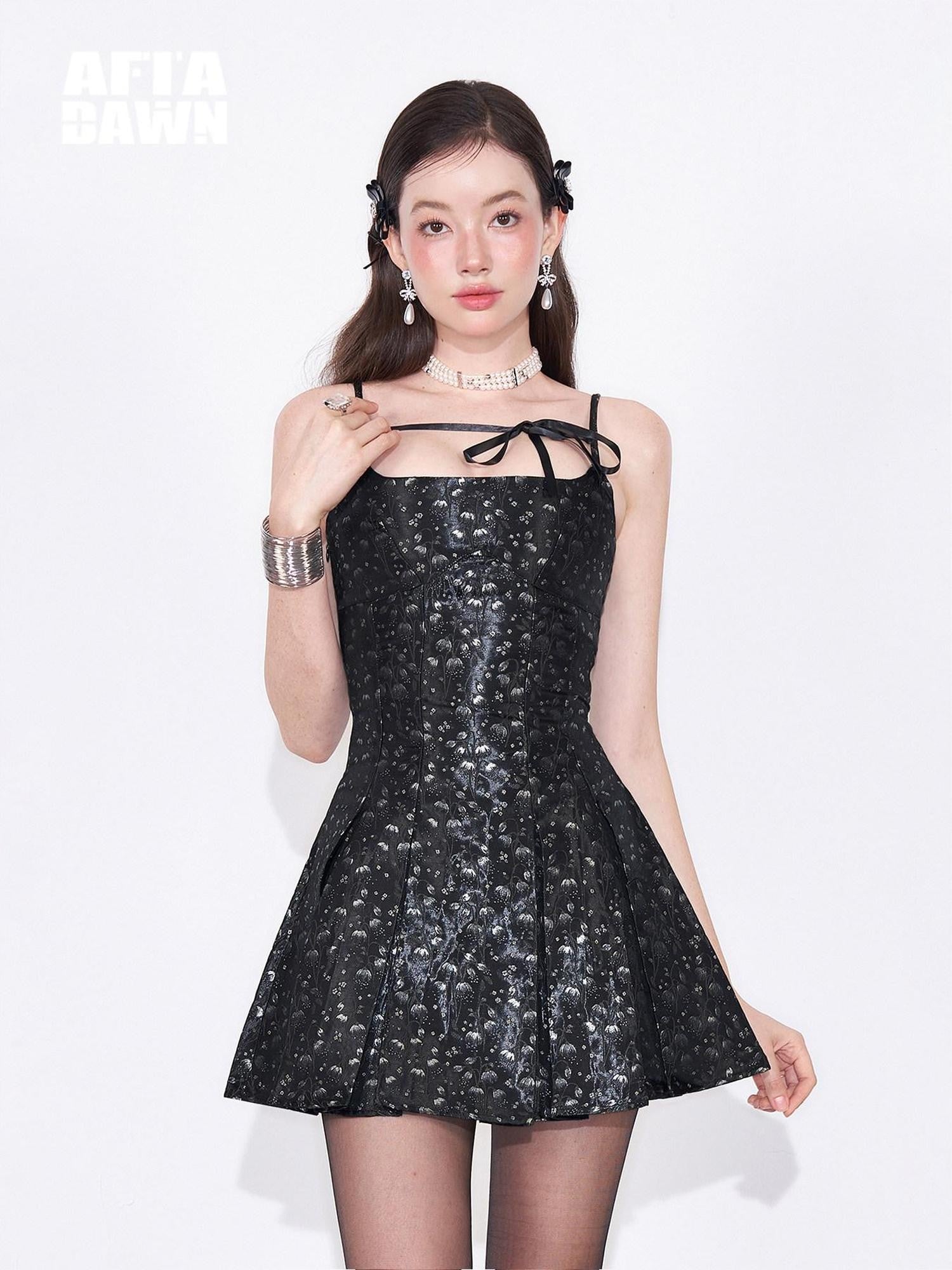AFTADAWN Black Satin Jacquard Floral Tie Pleated Women&