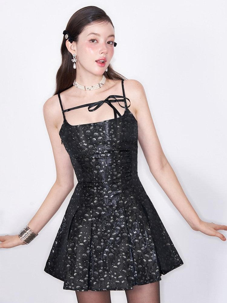 AFTADAWN Black Satin Jacquard Floral Tie Pleated Women&