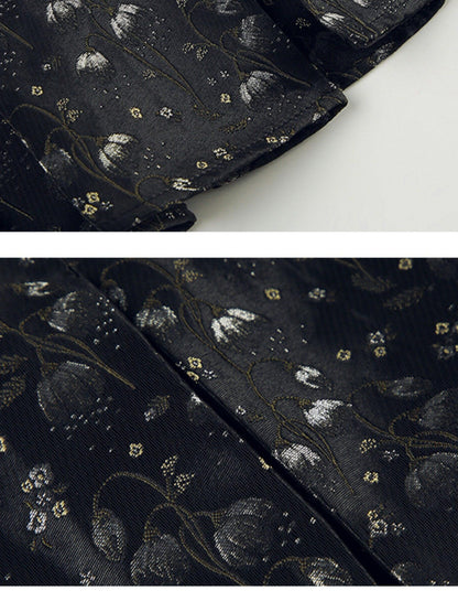 AFTADAWN Black Satin Jacquard Floral Tie Pleated Women&