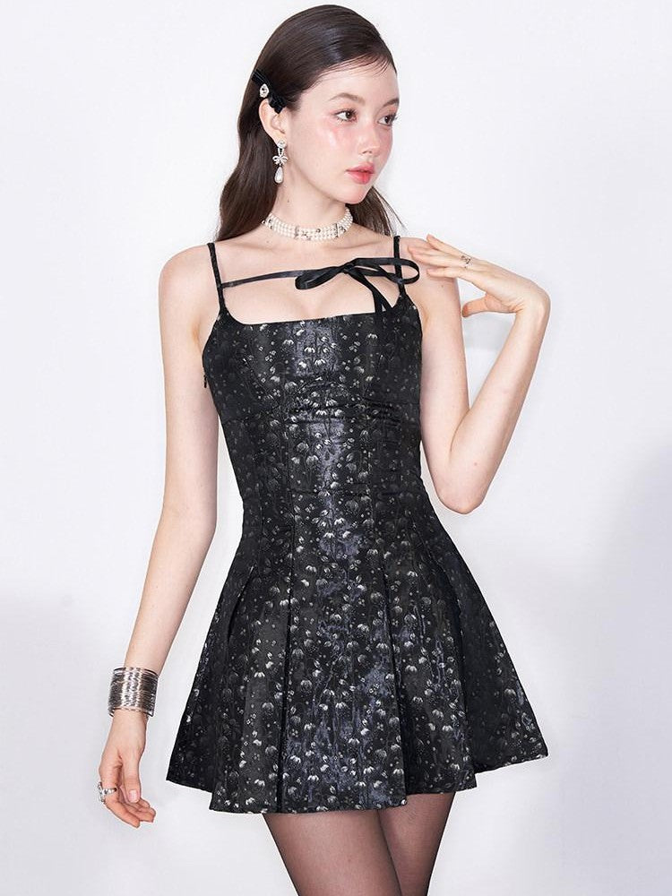 AFTADAWN Black Satin Jacquard Floral Tie Pleated Women&