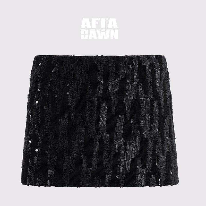 AFTADAWN_Black_Sequin_Lined_Mid_Waist_Side_Zipper_Women&
