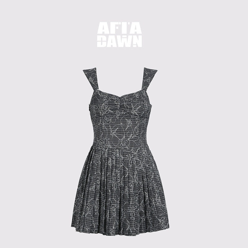 AFTADAWN_Black_White_Check_Rose_Embroidery_Pleated_Women&