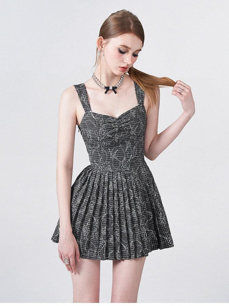 AFTADAWN Black White Check Rose Embroidery Pleated Women&