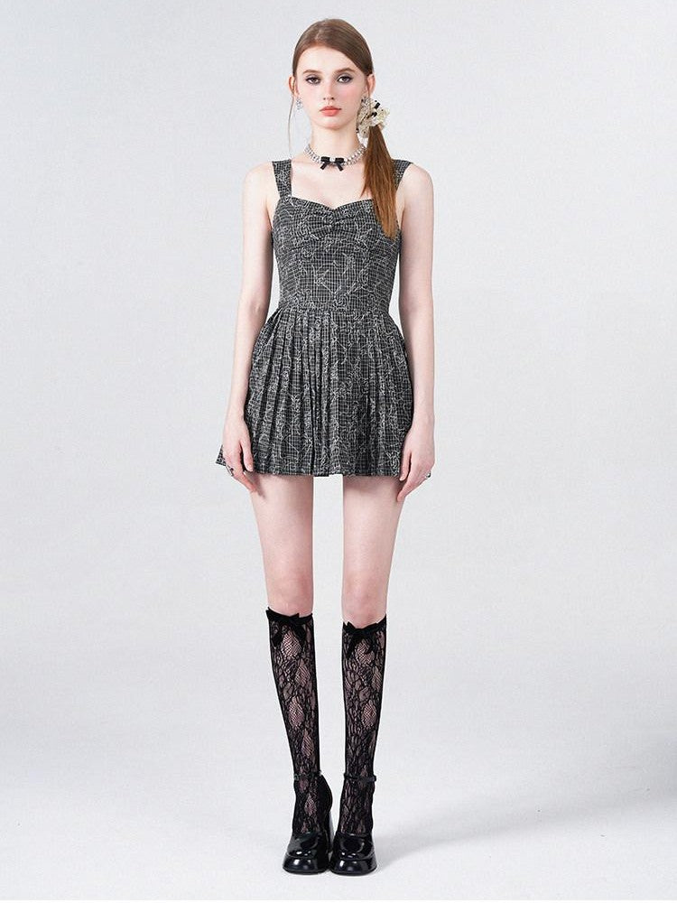 AFTADAWN Black White Check Rose Embroidery Pleated Women&