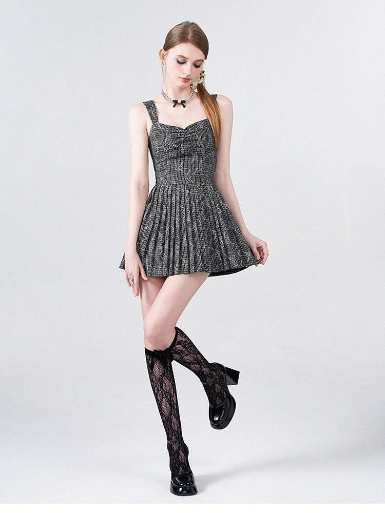 AFTADAWN Black White Check Rose Embroidery Pleated Women&