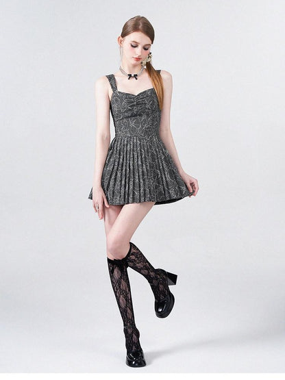AFTADAWN Black White Check Rose Embroidery Pleated Women&