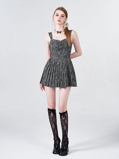AFTADAWN Black White Check Rose Embroidery Pleated Women&