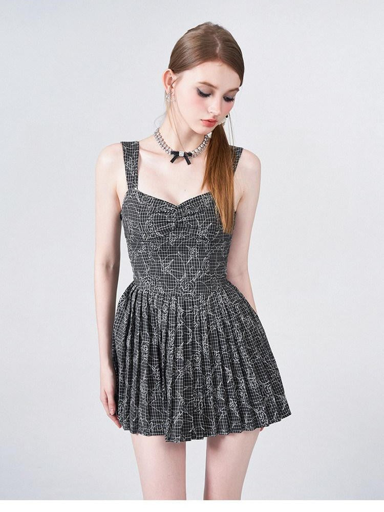 AFTADAWN Black White Check Rose Embroidery Pleated Women&