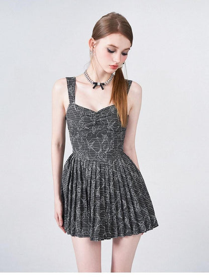 AFTADAWN Black White Check Rose Embroidery Pleated Women&