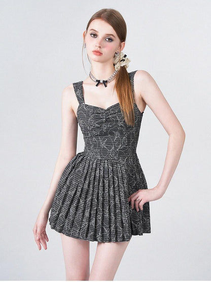 AFTADAWN Black White Check Rose Embroidery Pleated Women&