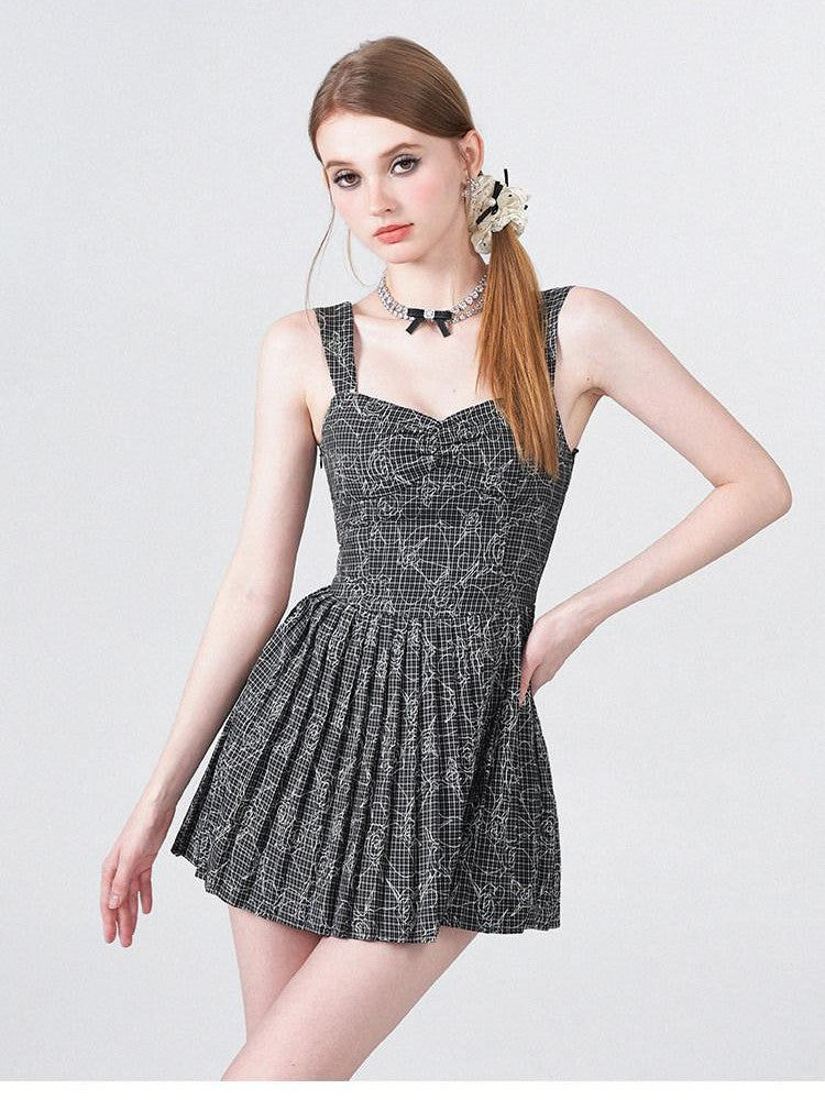 AFTADAWN Black White Check Rose Embroidery Pleated Women&