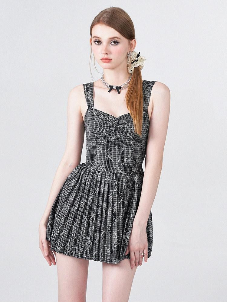 AFTADAWN Black White Check Rose Embroidery Pleated Women&