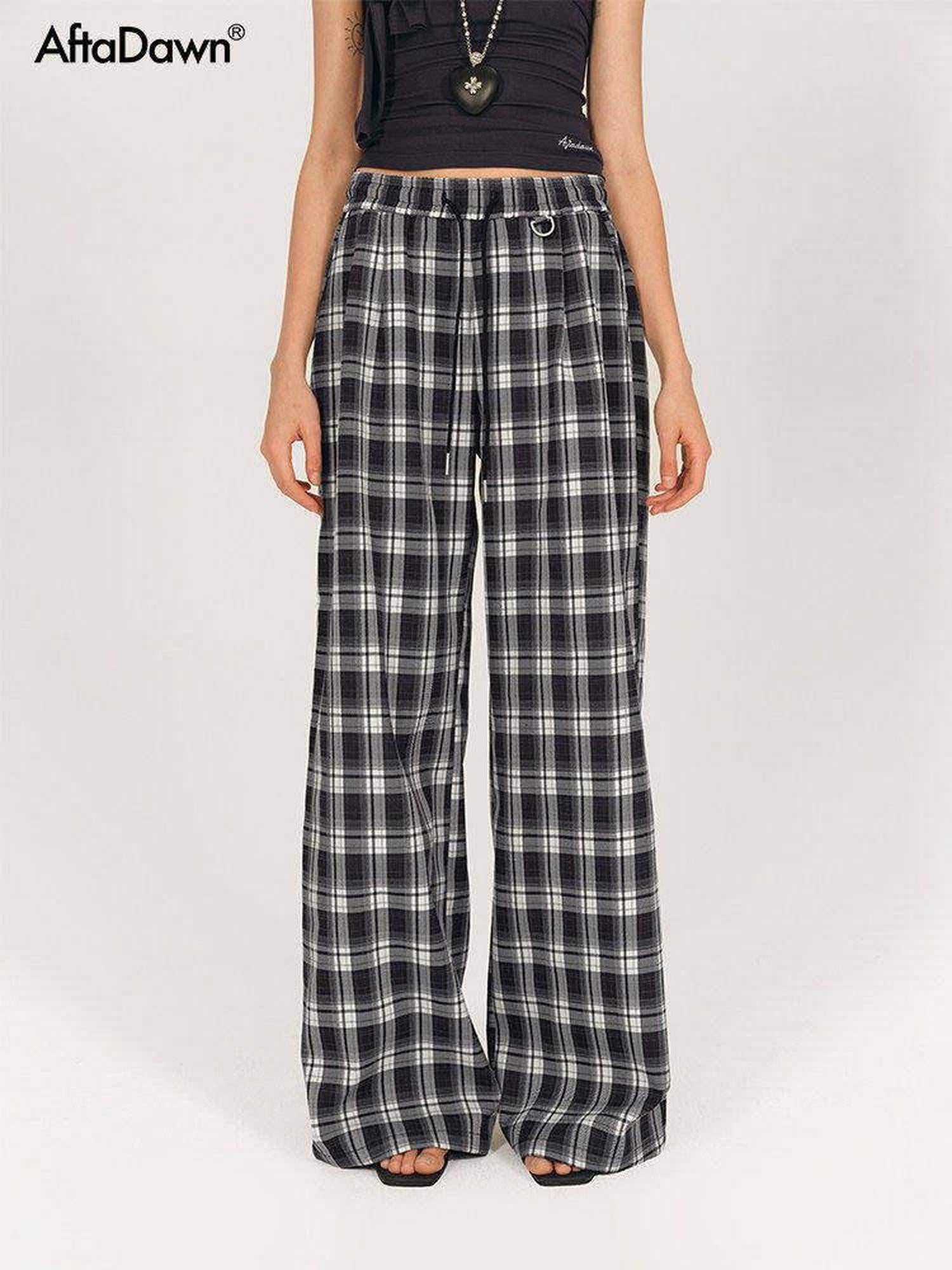 AFTADAWN Black White Gingham Drawstring Pocket Women&