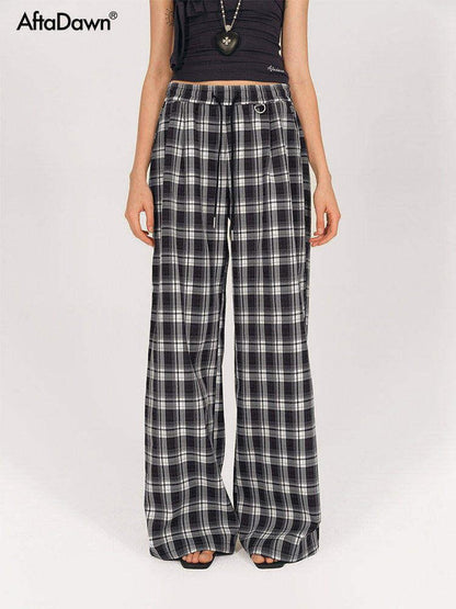 AFTADAWN Black White Gingham Drawstring Pocket Women&