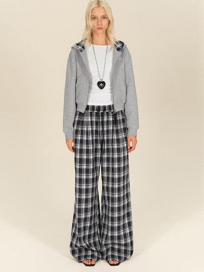 AFTADAWN Black White Gingham Drawstring Pocket Women&