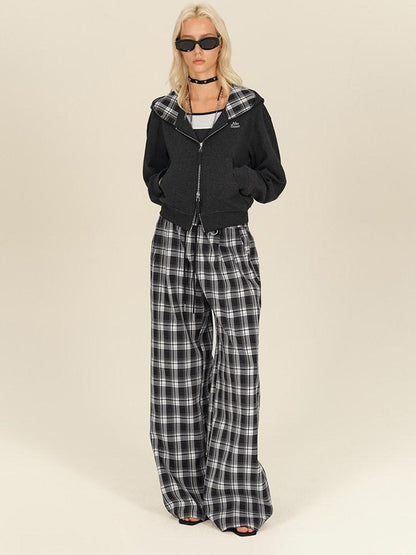 AFTADAWN Black White Gingham Drawstring Pocket Women&