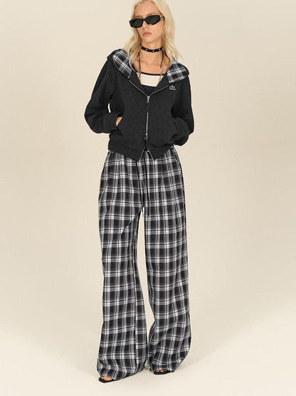 AFTADAWN Black White Gingham Drawstring Pocket Women&