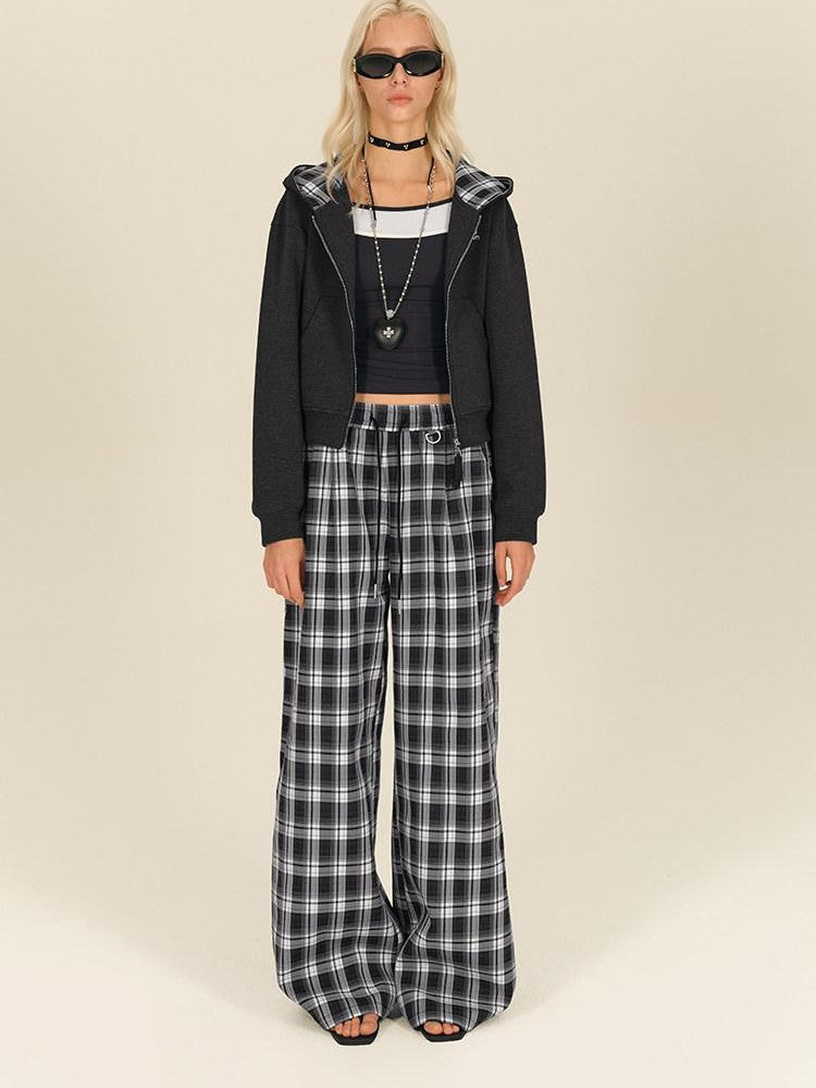 AFTADAWN Black White Gingham Drawstring Pocket Women&