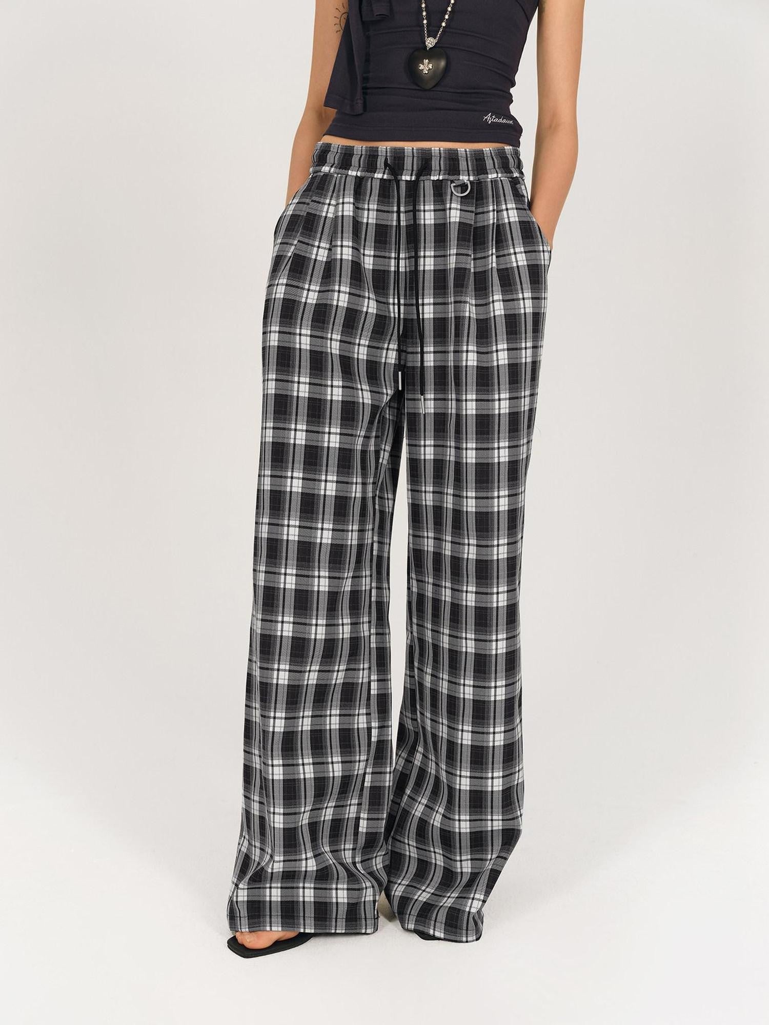 AFTADAWN Black White Gingham Drawstring Pocket Women&