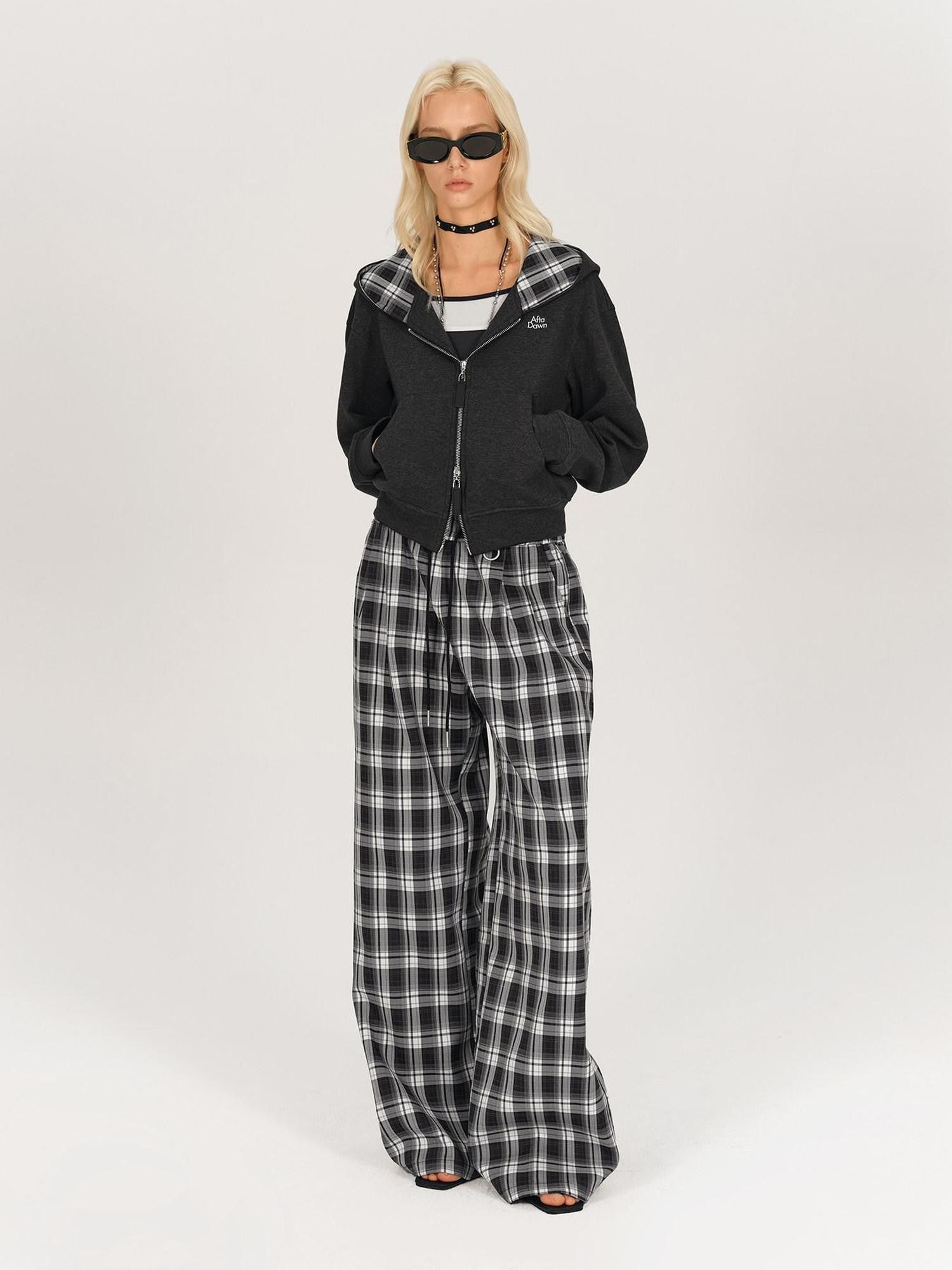 AFTADAWN Black White Gingham Drawstring Pocket Women&