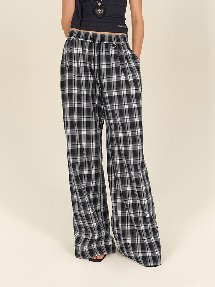 AFTADAWN Black White Gingham Drawstring Pocket Women&