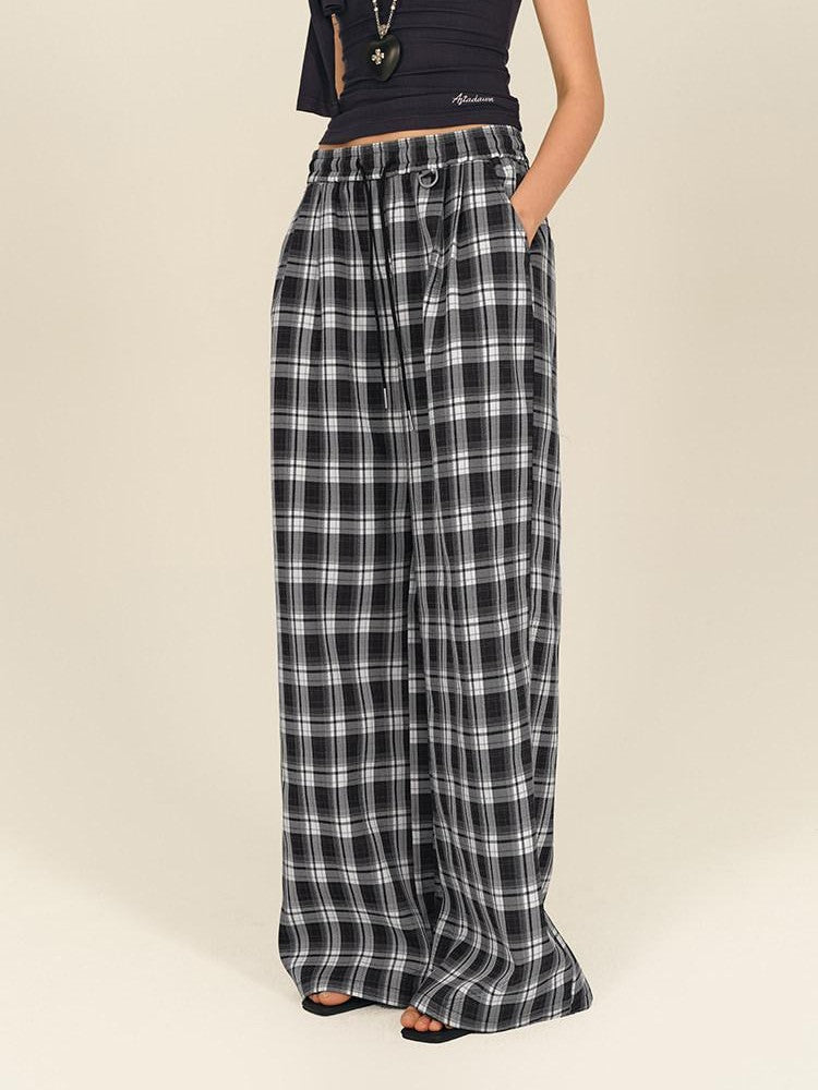 AFTADAWN Black White Gingham Drawstring Pocket Women&