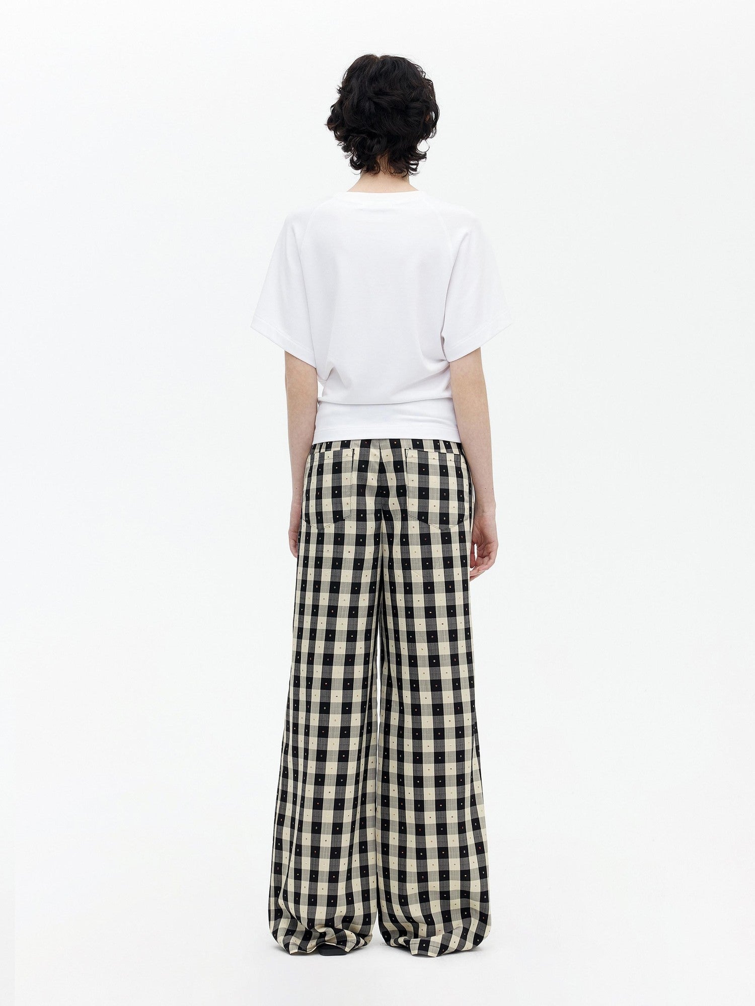 AFTADAWN Black White Plaid Embroidered Waist Pleat Women&