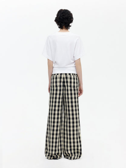 AFTADAWN Black White Plaid Embroidered Waist Pleat Women&