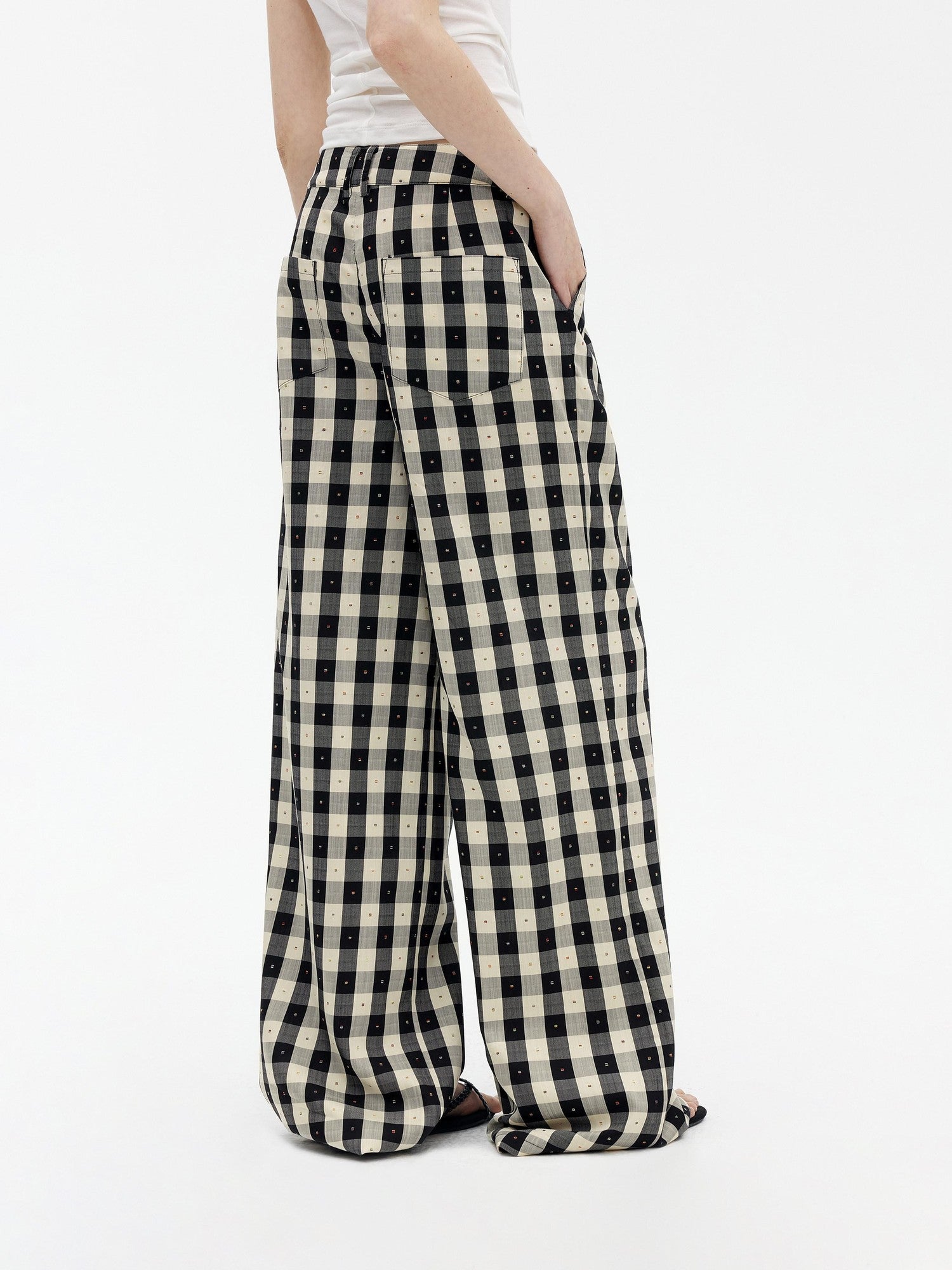 AFTADAWN Black White Plaid Embroidered Waist Pleat Women&