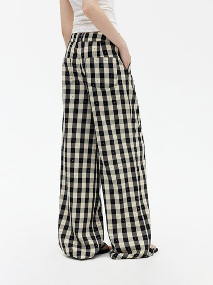 AFTADAWN Black White Plaid Embroidered Waist Pleat Women&