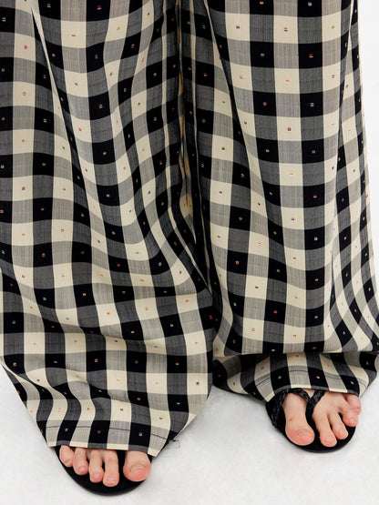 AFTADAWN Black White Plaid Embroidered Waist Pleat Women&