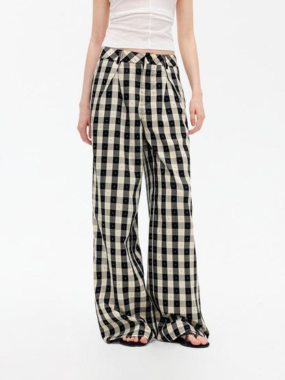 AFTADAWN Black White Plaid Embroidered Waist Pleat Women&