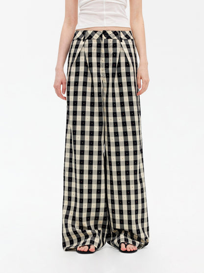AFTADAWN Black White Plaid Embroidered Waist Pleat Women&